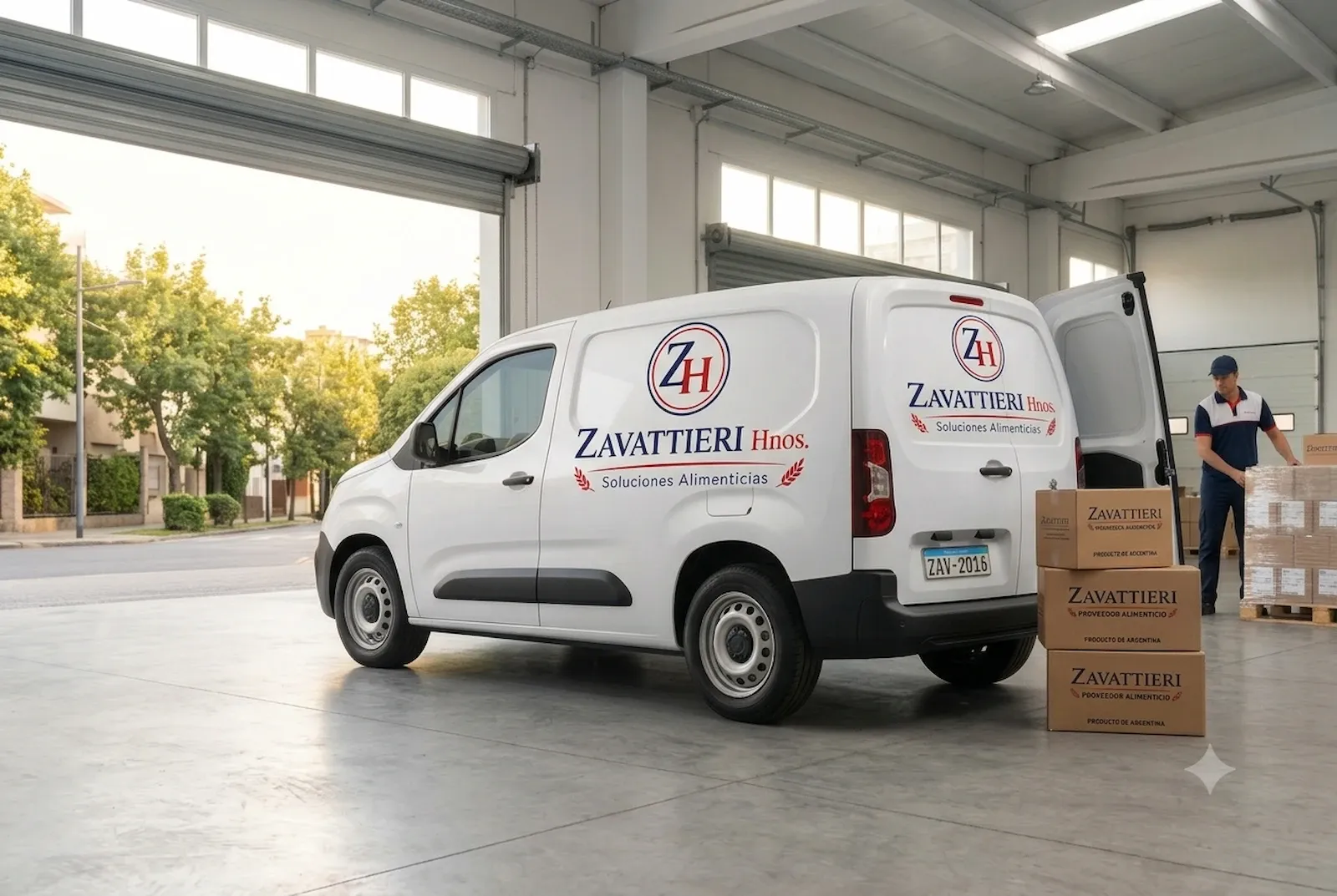 Camioneta de reparto de Zavattieri Hermanos cargando mercadería en el depósito