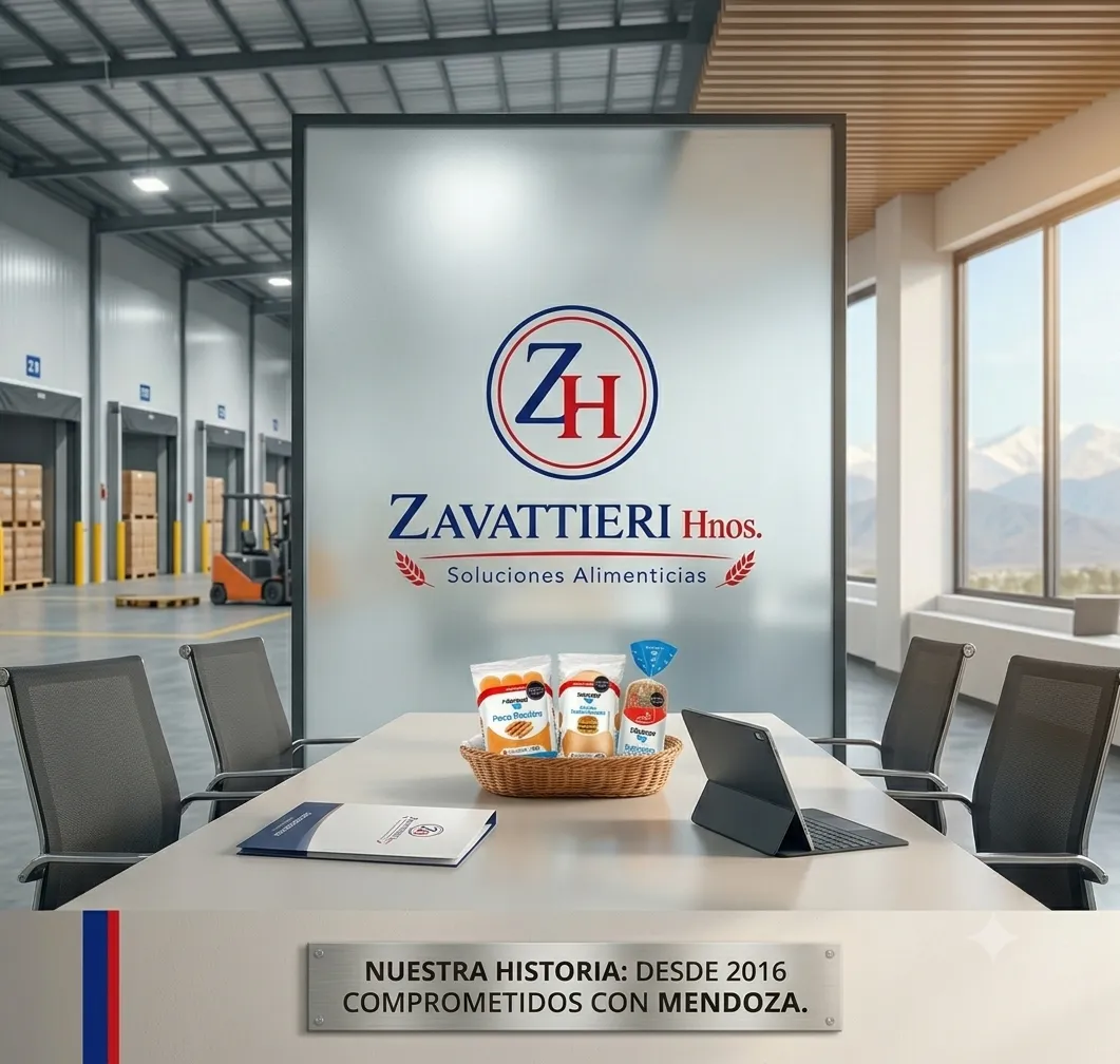 Sala de reuniones de Zavattieri Hermanos con productos de las marcas que representa, junto a un cartel que dice: Nuestra historia, desde 2016 comprometidos con Mendoza